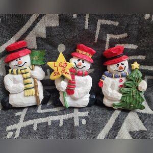3 Snowman Figurines Decor Set Holding Signs Noel Let it Snow Merry Christmas 5"